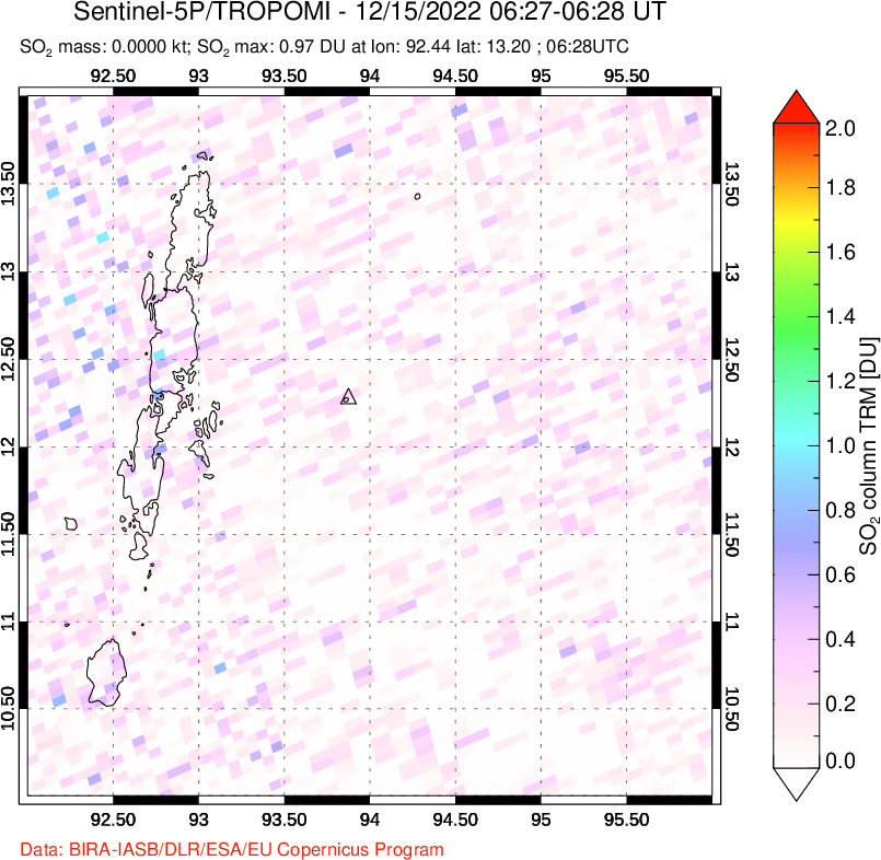 A sulfur dioxide image over Andaman Islands, Indian Ocean on Dec 15, 2022.