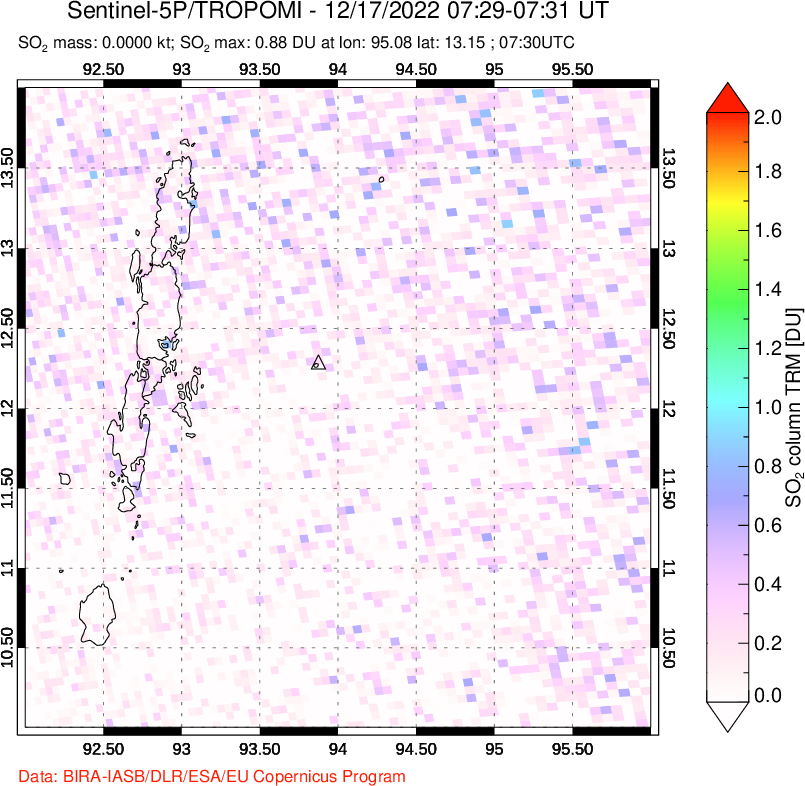 A sulfur dioxide image over Andaman Islands, Indian Ocean on Dec 17, 2022.