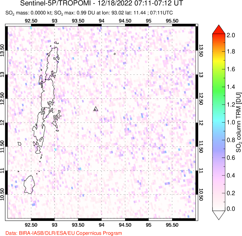 A sulfur dioxide image over Andaman Islands, Indian Ocean on Dec 18, 2022.