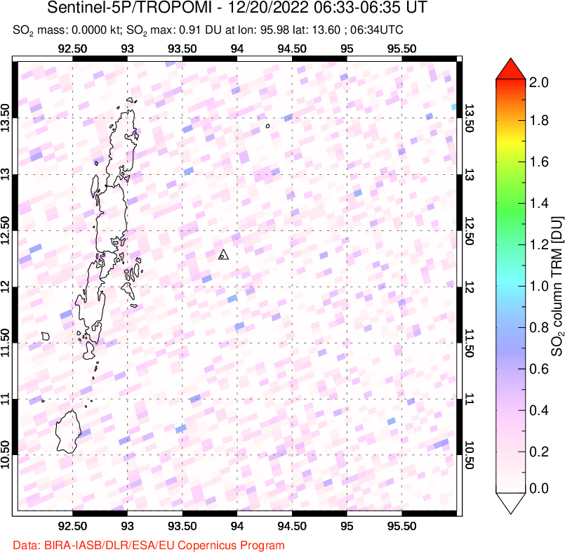 A sulfur dioxide image over Andaman Islands, Indian Ocean on Dec 20, 2022.