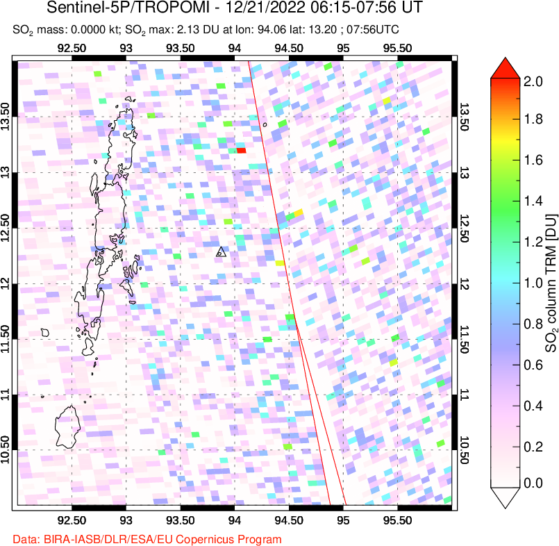 A sulfur dioxide image over Andaman Islands, Indian Ocean on Dec 21, 2022.