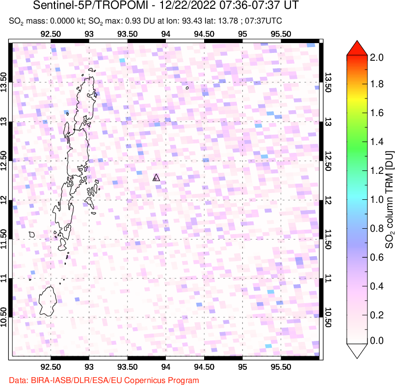 A sulfur dioxide image over Andaman Islands, Indian Ocean on Dec 22, 2022.