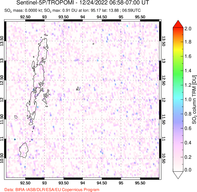 A sulfur dioxide image over Andaman Islands, Indian Ocean on Dec 24, 2022.