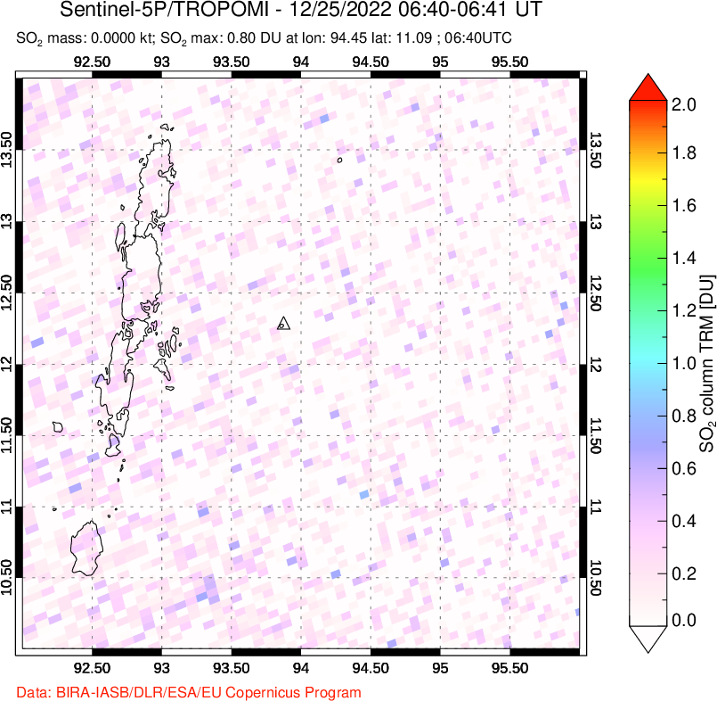 A sulfur dioxide image over Andaman Islands, Indian Ocean on Dec 25, 2022.
