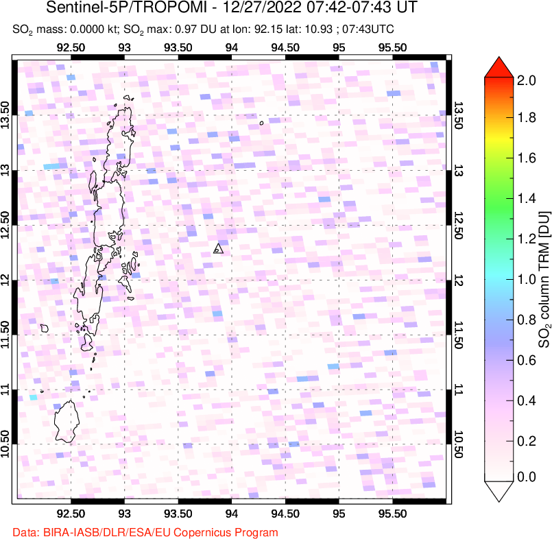 A sulfur dioxide image over Andaman Islands, Indian Ocean on Dec 27, 2022.