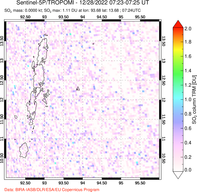 A sulfur dioxide image over Andaman Islands, Indian Ocean on Dec 28, 2022.