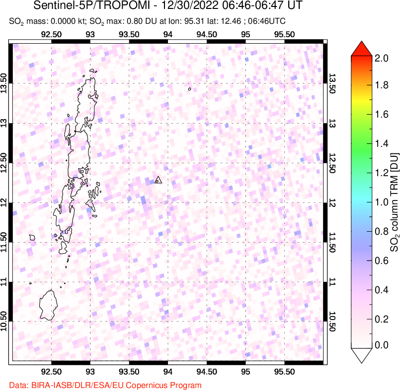 A sulfur dioxide image over Andaman Islands, Indian Ocean on Dec 30, 2022.