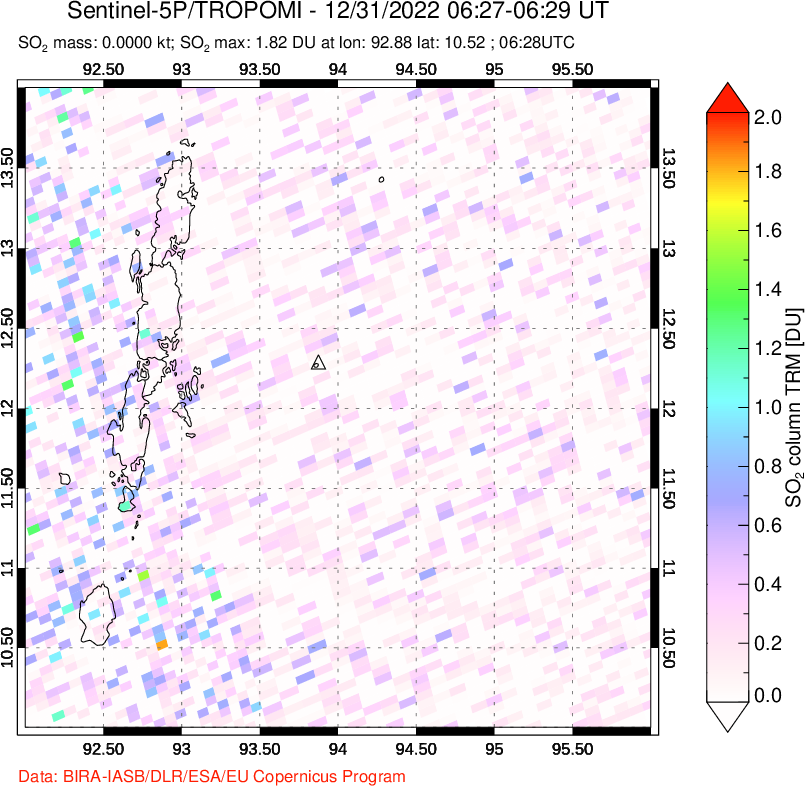 A sulfur dioxide image over Andaman Islands, Indian Ocean on Dec 31, 2022.