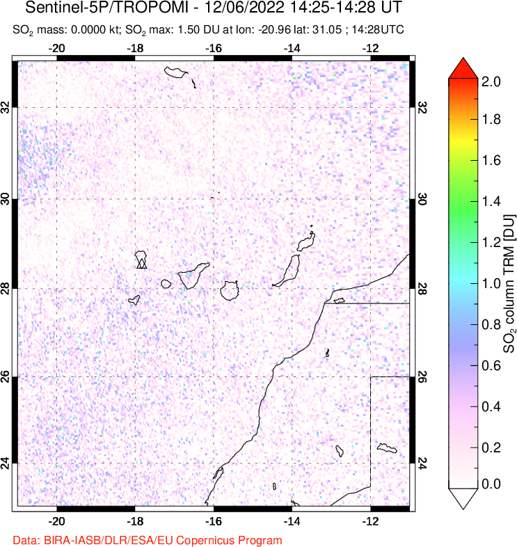 A sulfur dioxide image over Canary Islands on Dec 06, 2022.