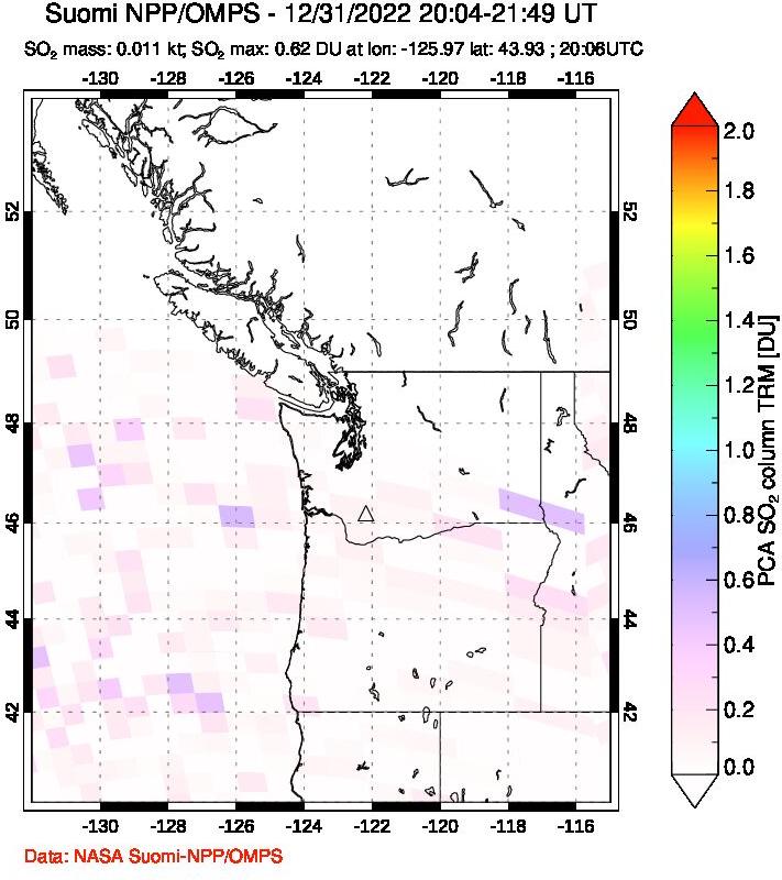 A sulfur dioxide image over Cascade Range, USA on Dec 31, 2022.