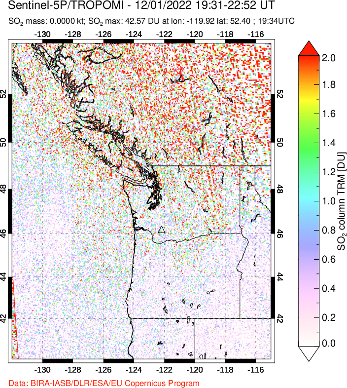 A sulfur dioxide image over Cascade Range, USA on Dec 01, 2022.