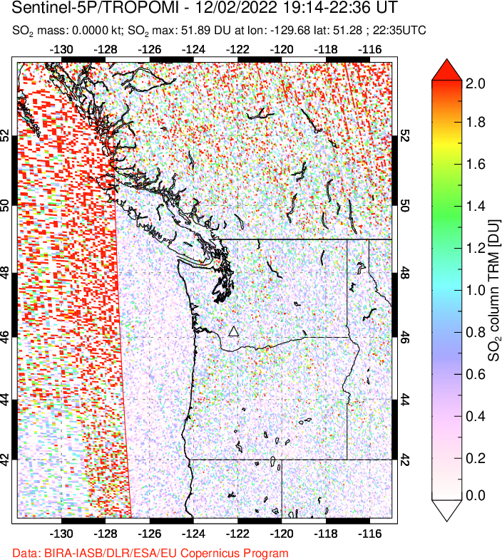 A sulfur dioxide image over Cascade Range, USA on Dec 02, 2022.
