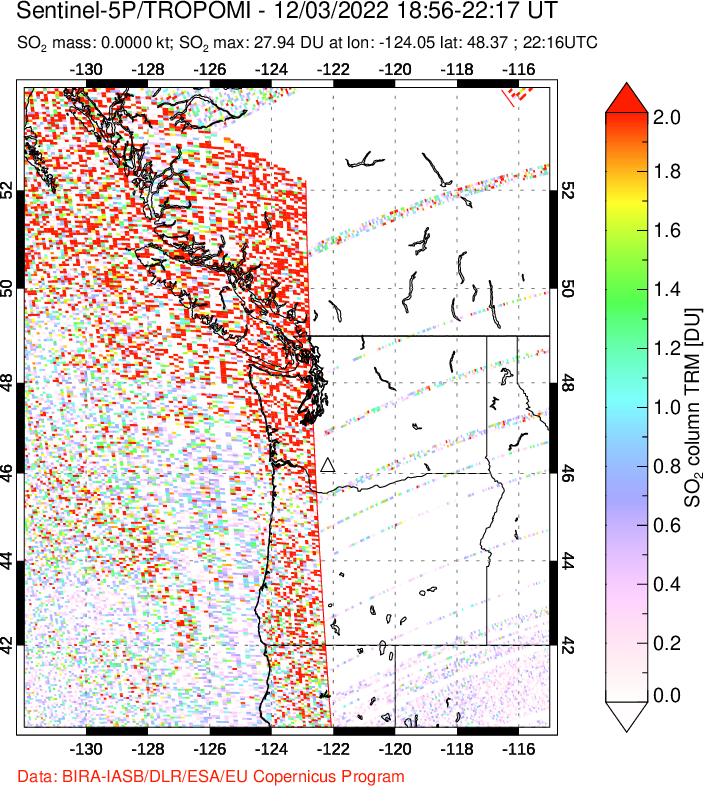 A sulfur dioxide image over Cascade Range, USA on Dec 03, 2022.