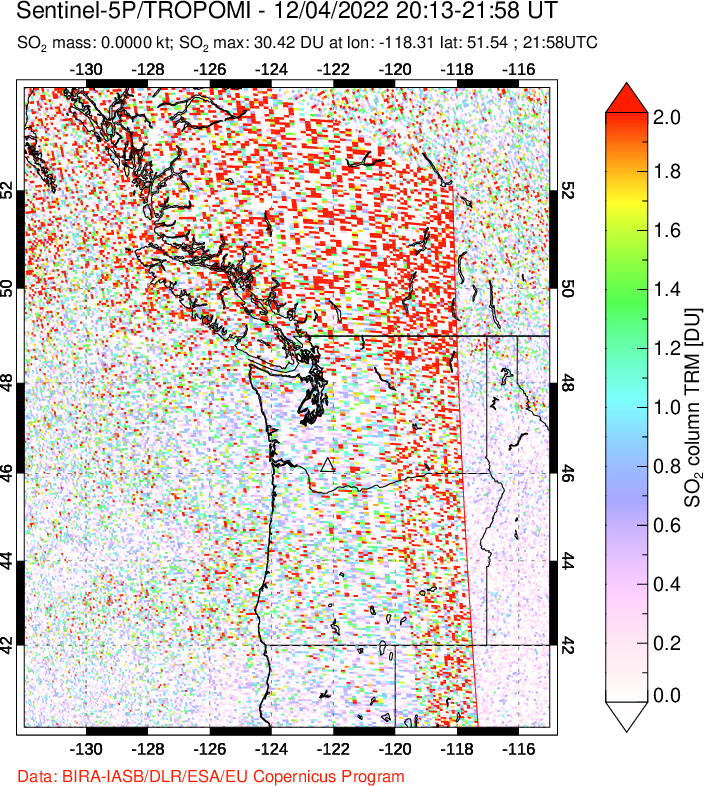A sulfur dioxide image over Cascade Range, USA on Dec 04, 2022.
