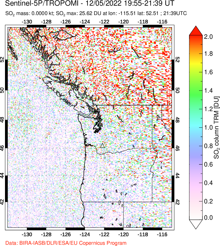A sulfur dioxide image over Cascade Range, USA on Dec 05, 2022.