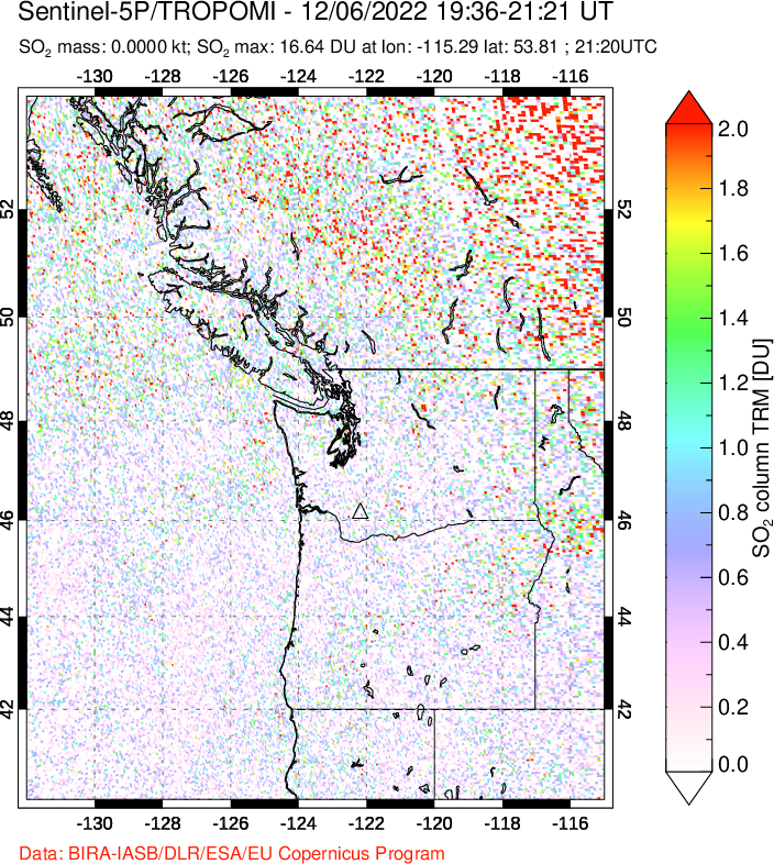 A sulfur dioxide image over Cascade Range, USA on Dec 06, 2022.
