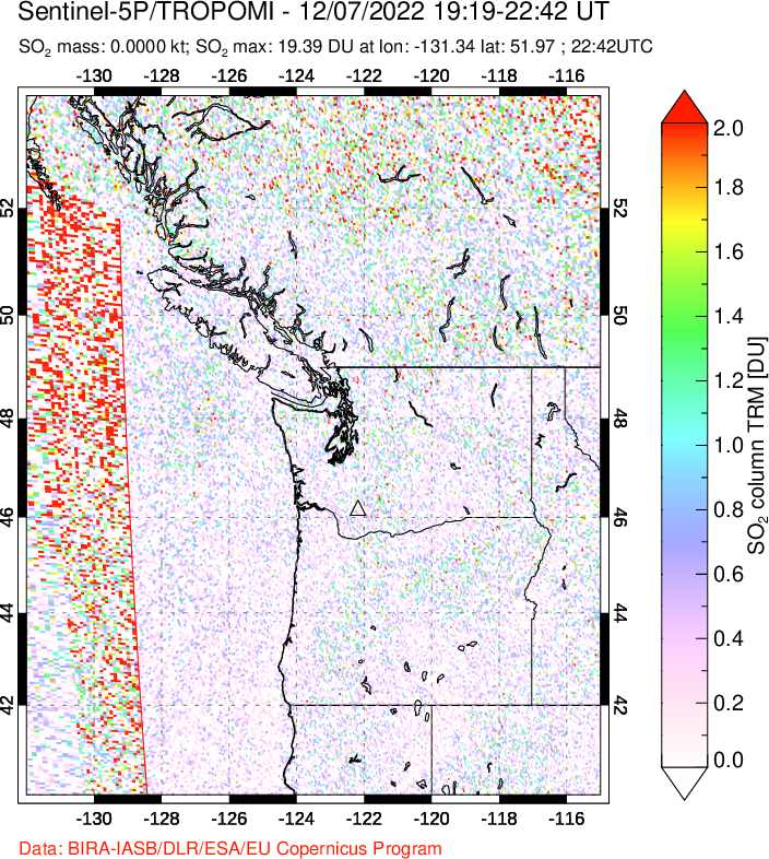 A sulfur dioxide image over Cascade Range, USA on Dec 07, 2022.
