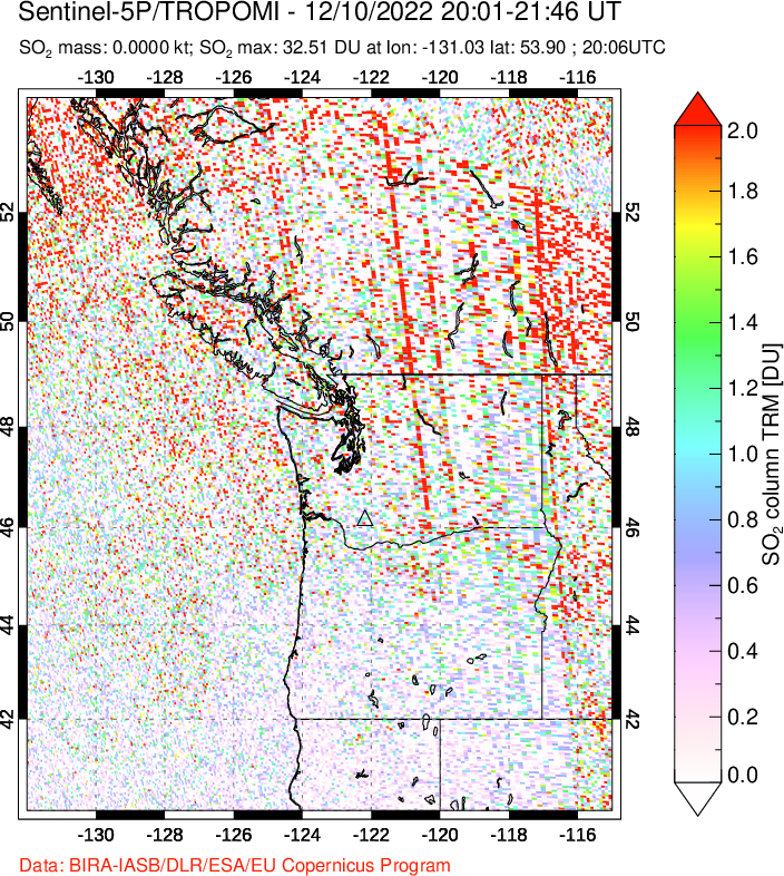 A sulfur dioxide image over Cascade Range, USA on Dec 10, 2022.