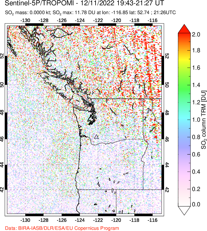 A sulfur dioxide image over Cascade Range, USA on Dec 11, 2022.