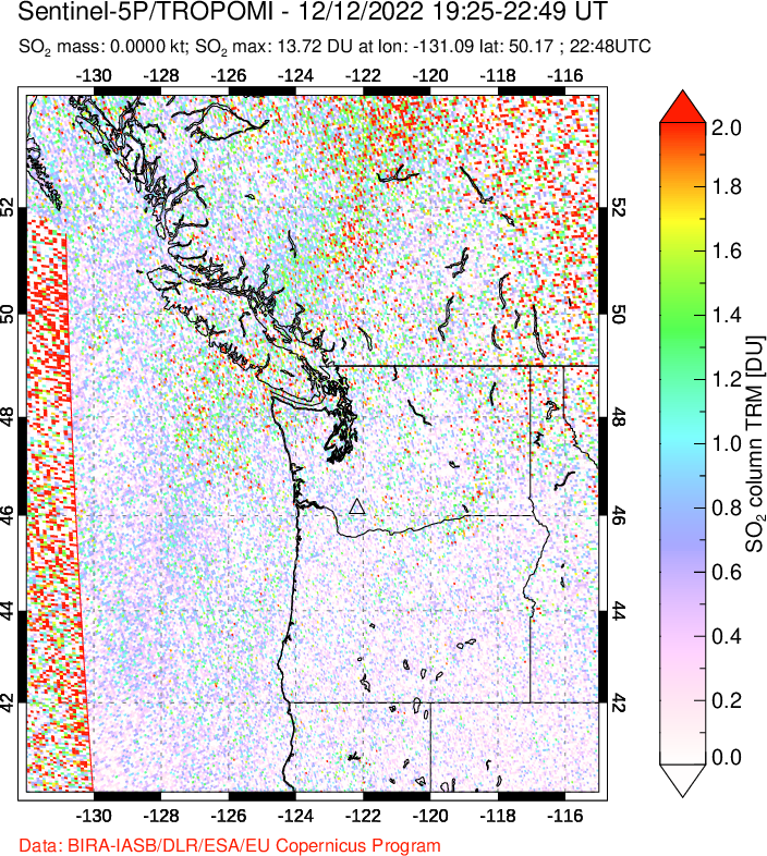 A sulfur dioxide image over Cascade Range, USA on Dec 12, 2022.