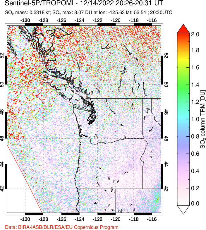 A sulfur dioxide image over Cascade Range, USA on Dec 14, 2022.