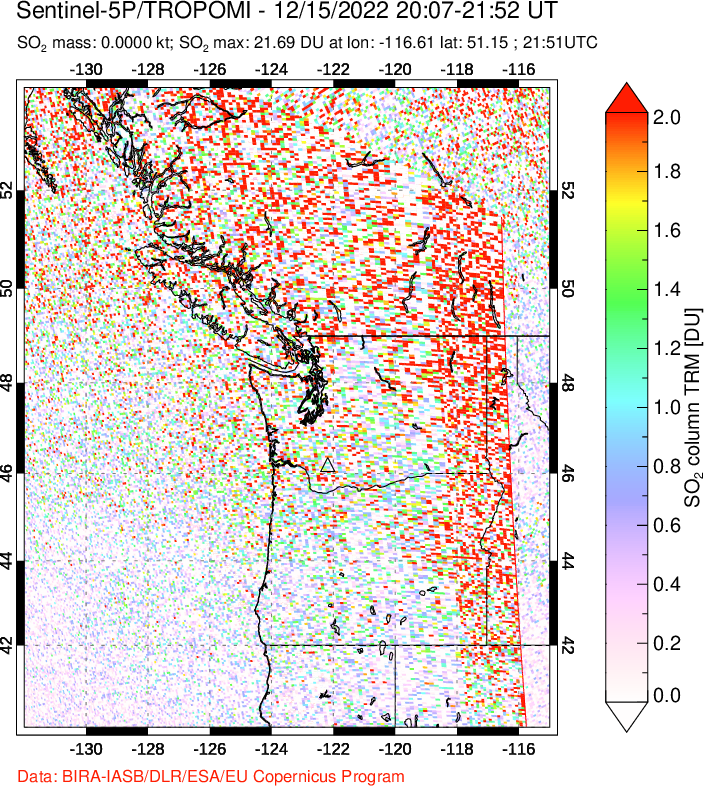 A sulfur dioxide image over Cascade Range, USA on Dec 15, 2022.
