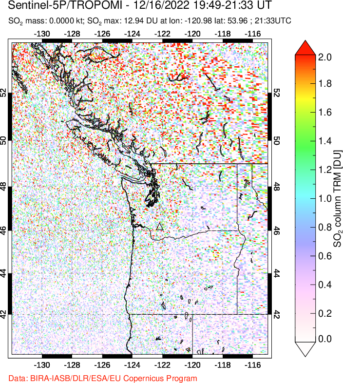 A sulfur dioxide image over Cascade Range, USA on Dec 16, 2022.