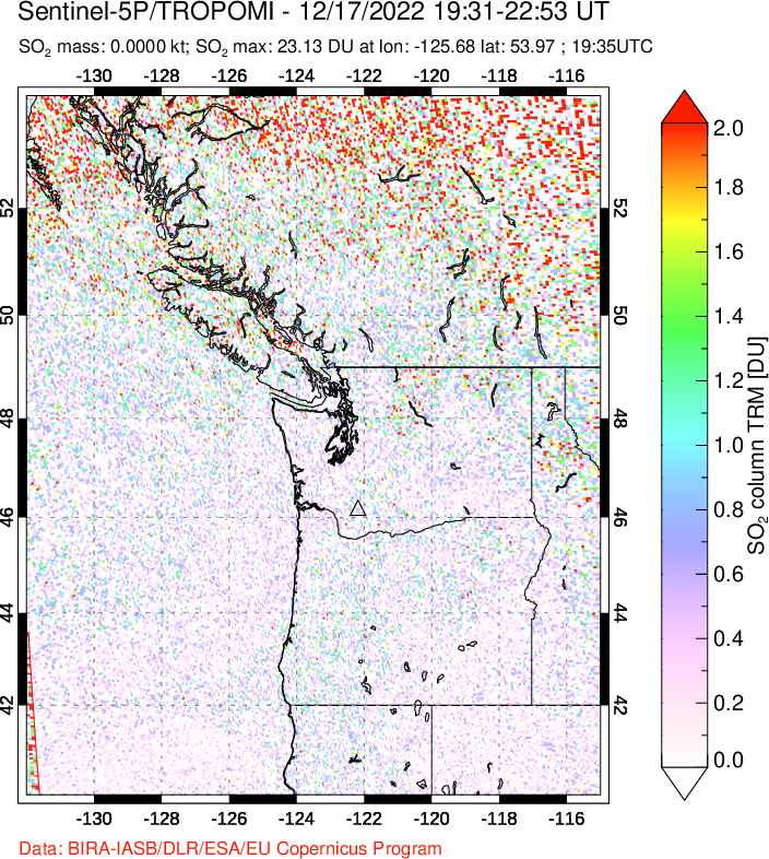 A sulfur dioxide image over Cascade Range, USA on Dec 17, 2022.