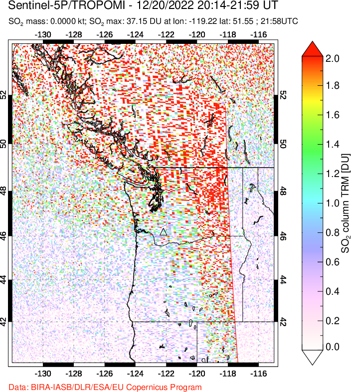 A sulfur dioxide image over Cascade Range, USA on Dec 20, 2022.