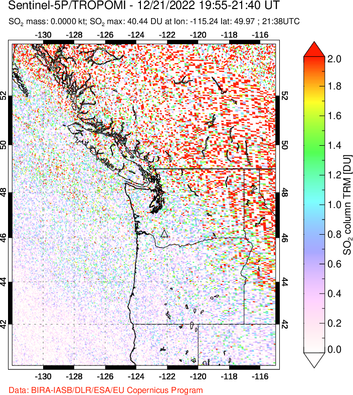 A sulfur dioxide image over Cascade Range, USA on Dec 21, 2022.