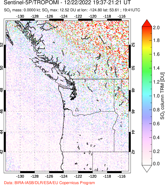A sulfur dioxide image over Cascade Range, USA on Dec 22, 2022.
