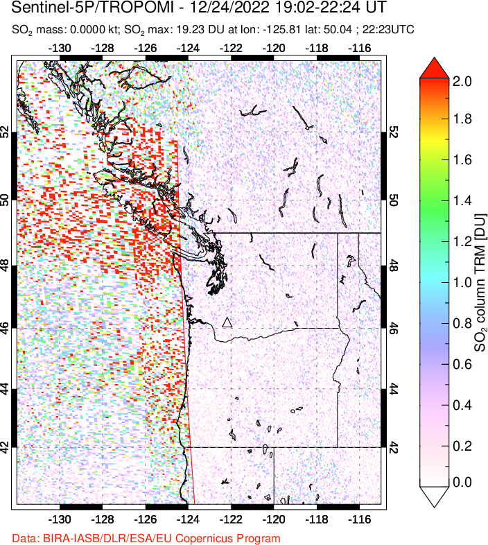 A sulfur dioxide image over Cascade Range, USA on Dec 24, 2022.