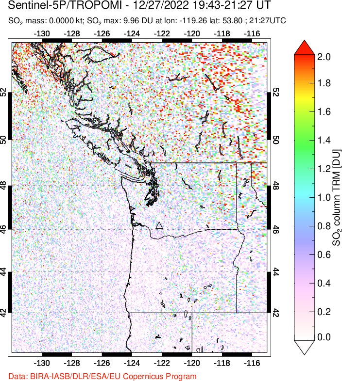 A sulfur dioxide image over Cascade Range, USA on Dec 27, 2022.