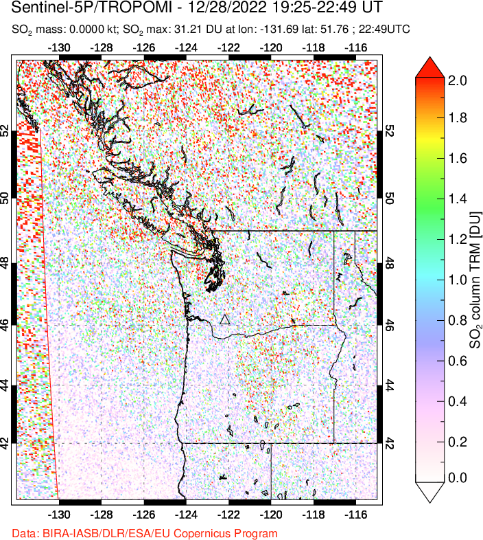 A sulfur dioxide image over Cascade Range, USA on Dec 28, 2022.