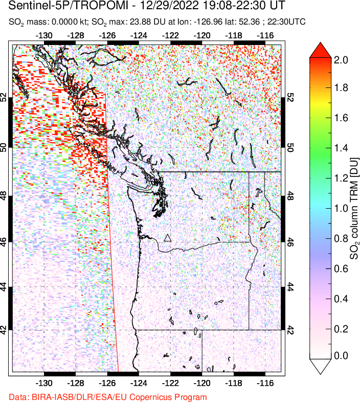A sulfur dioxide image over Cascade Range, USA on Dec 29, 2022.