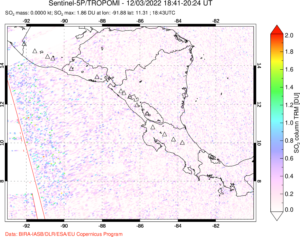 A sulfur dioxide image over Central America on Dec 03, 2022.