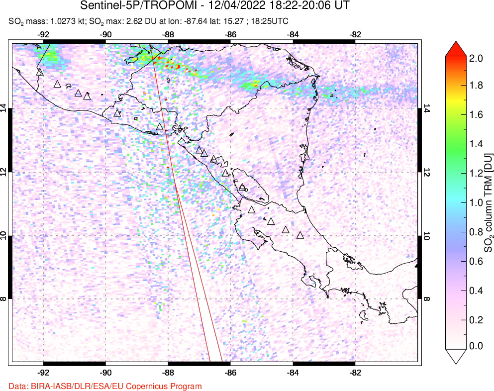 A sulfur dioxide image over Central America on Dec 04, 2022.