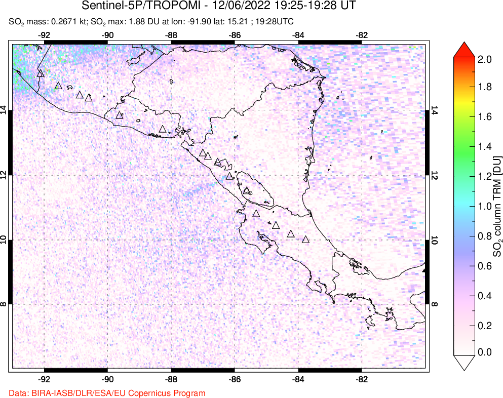 A sulfur dioxide image over Central America on Dec 06, 2022.
