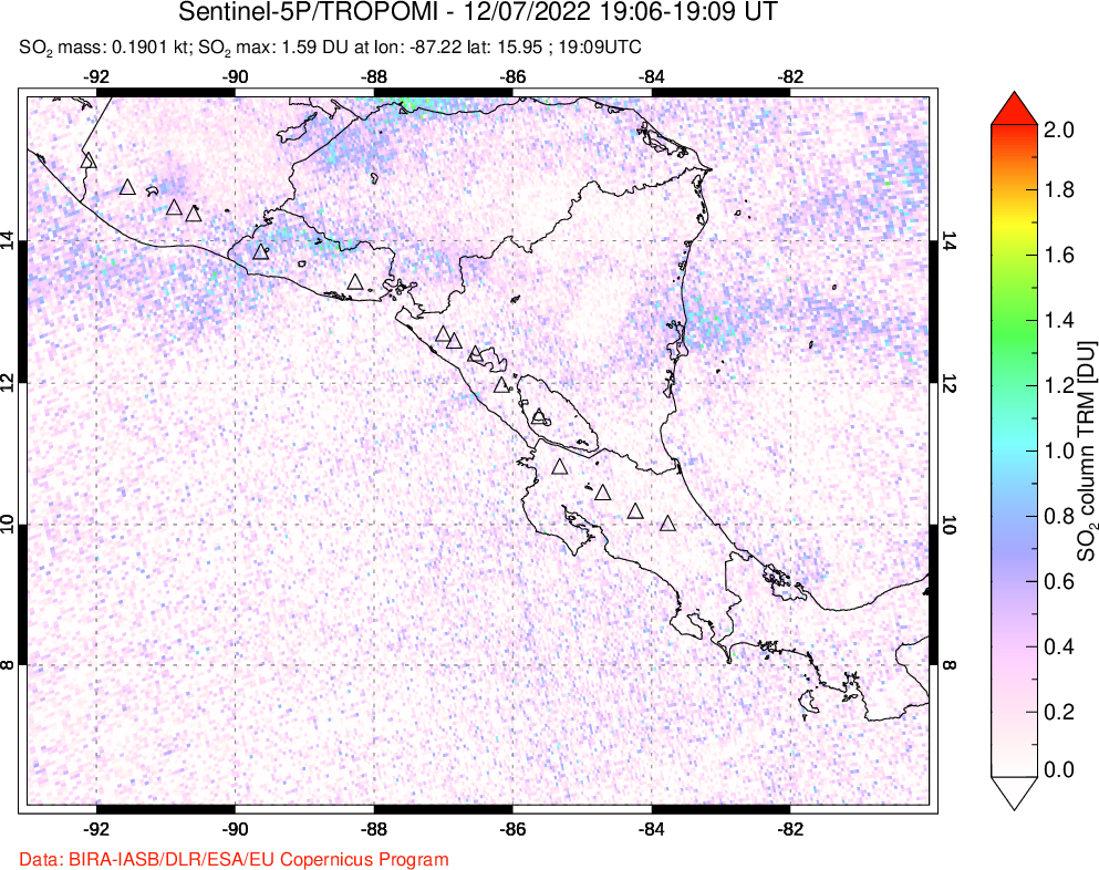 A sulfur dioxide image over Central America on Dec 07, 2022.