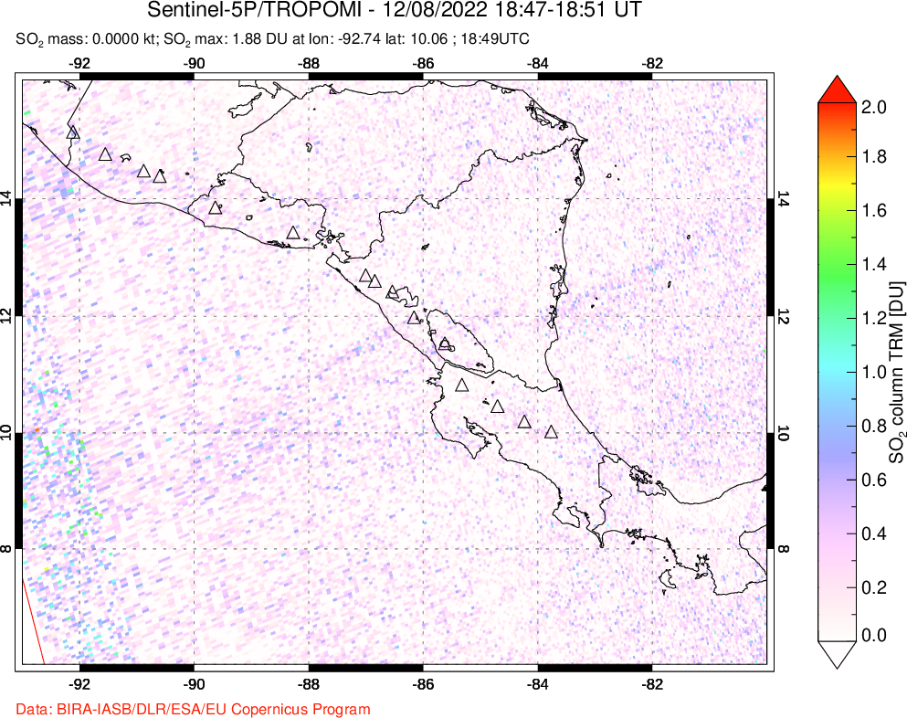 A sulfur dioxide image over Central America on Dec 08, 2022.