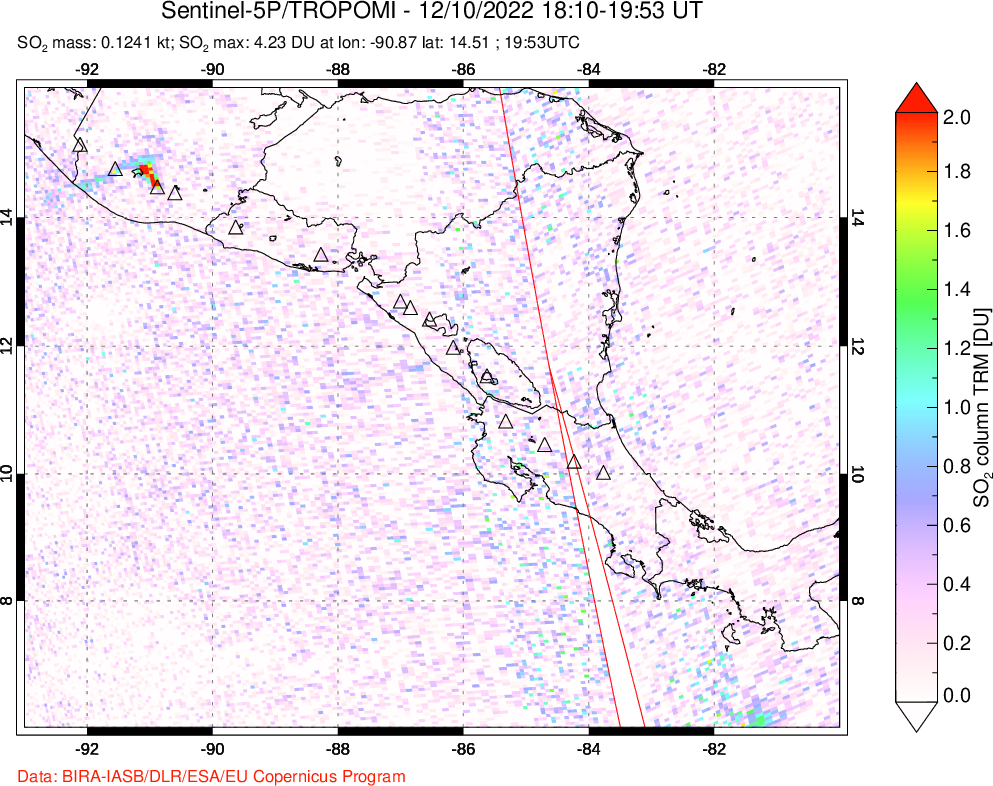 A sulfur dioxide image over Central America on Dec 10, 2022.
