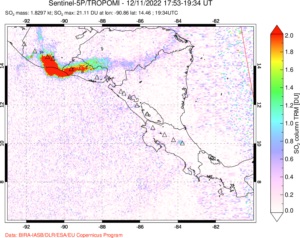 A sulfur dioxide image over Central America on Dec 11, 2022.