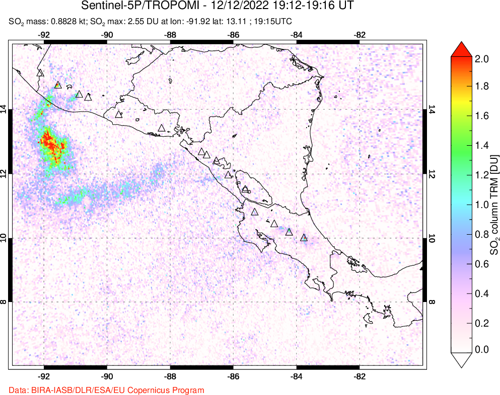 A sulfur dioxide image over Central America on Dec 12, 2022.