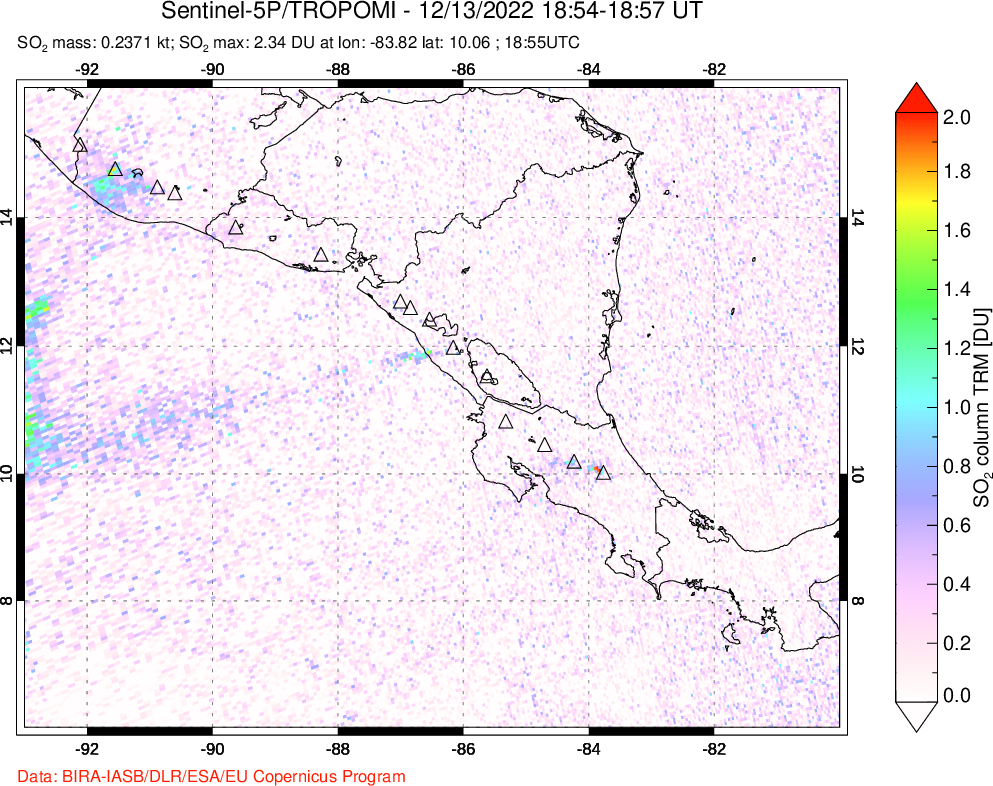 A sulfur dioxide image over Central America on Dec 13, 2022.