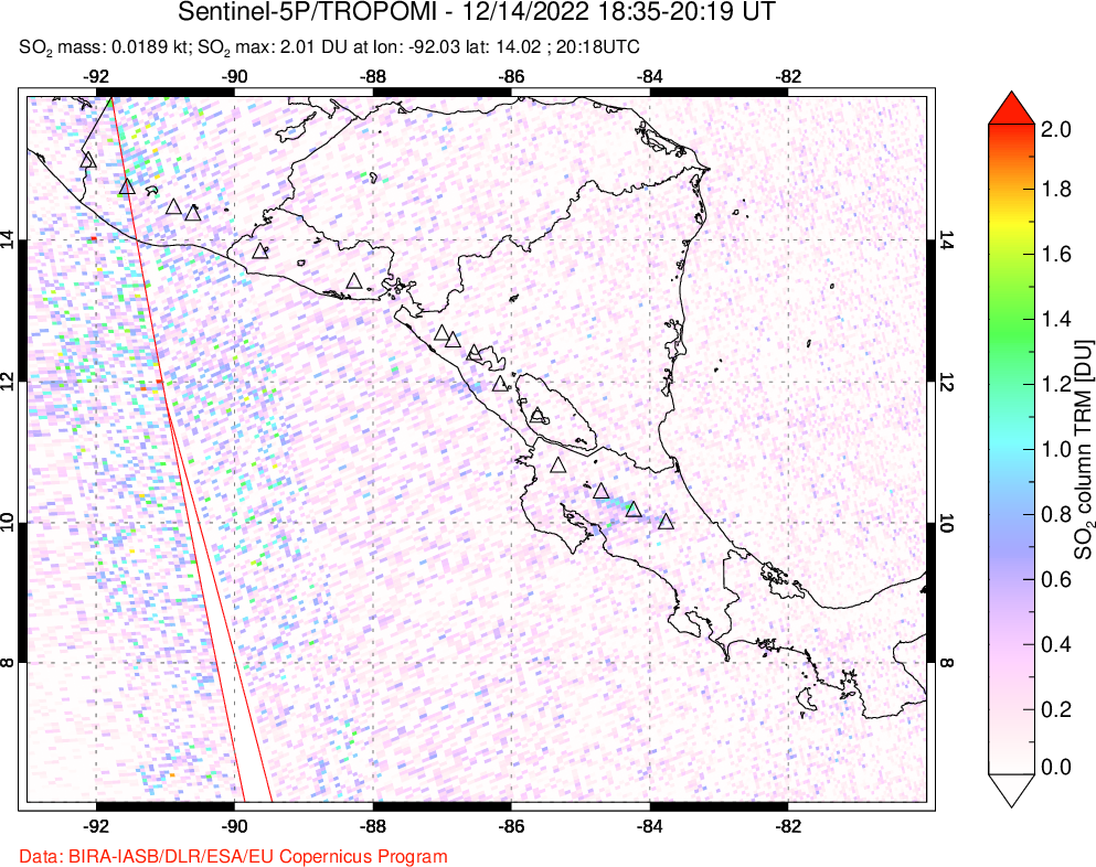 A sulfur dioxide image over Central America on Dec 14, 2022.