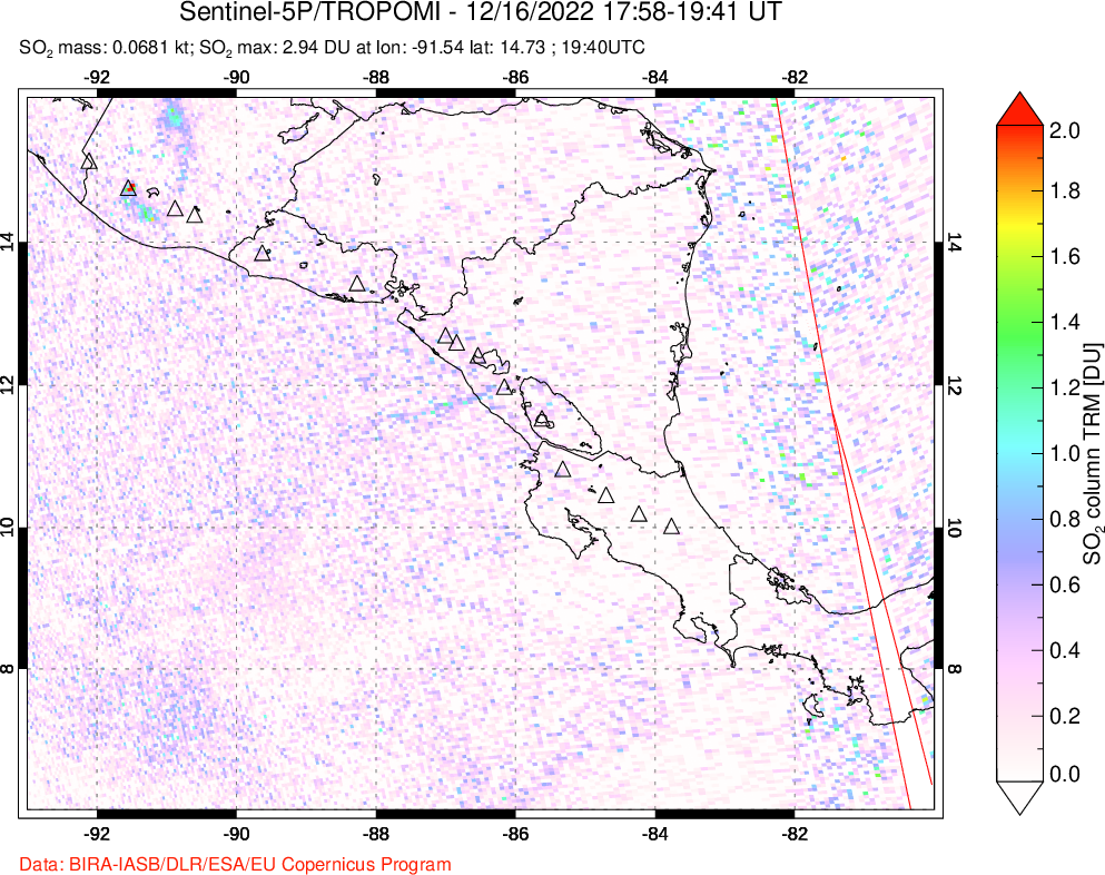 A sulfur dioxide image over Central America on Dec 16, 2022.