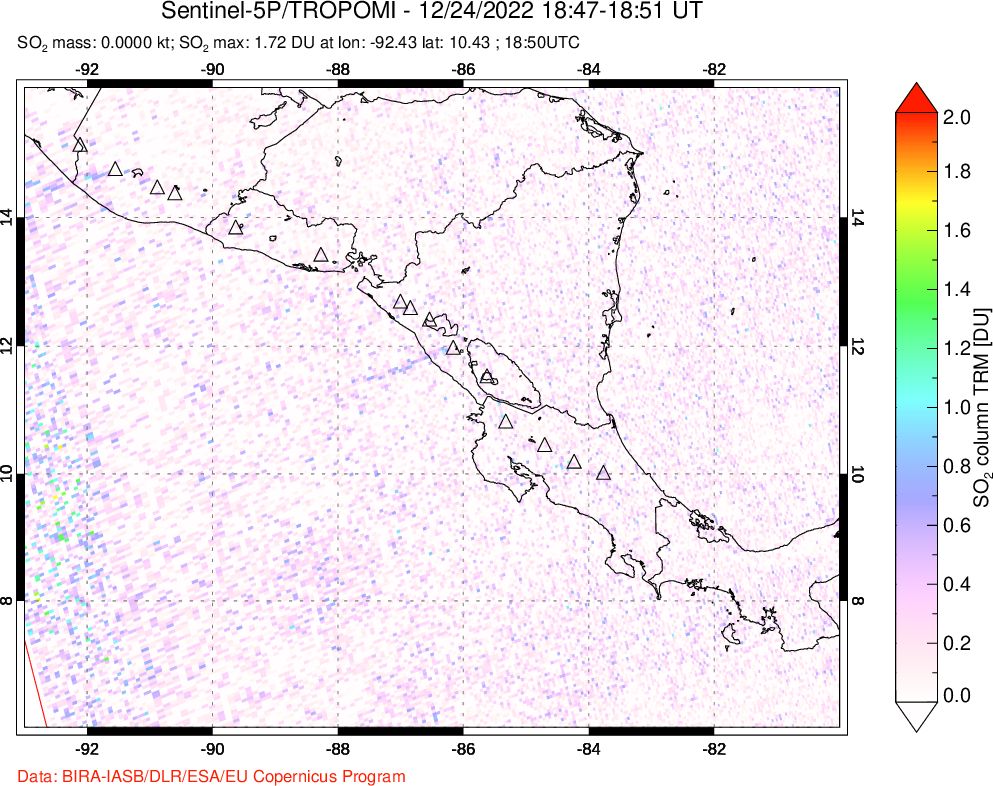 A sulfur dioxide image over Central America on Dec 24, 2022.
