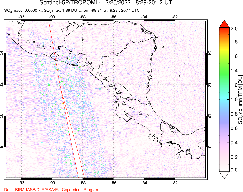 A sulfur dioxide image over Central America on Dec 25, 2022.