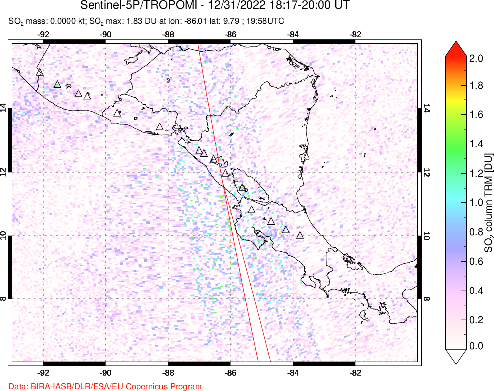 A sulfur dioxide image over Central America on Dec 31, 2022.
