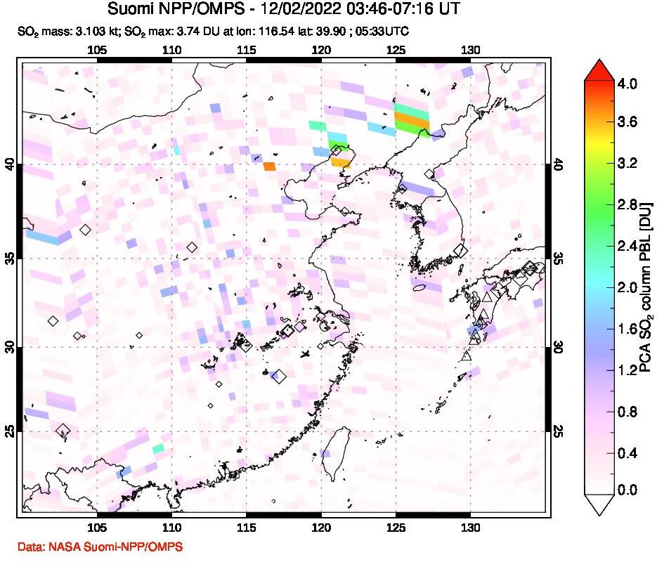 A sulfur dioxide image over Eastern China on Dec 02, 2022.